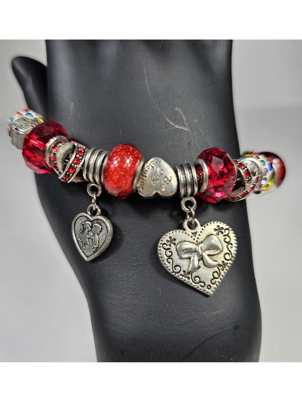 925 Charm Bracelet w 14 Charms & Safety Chain Red Love Glass, Enamel, Filigree - Picture 2 of 13